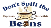 Logo with the text "Don't Spill the Beans" and "Espresso Latte Smoothie," featuring a steaming coffee cup and two coffee beans.