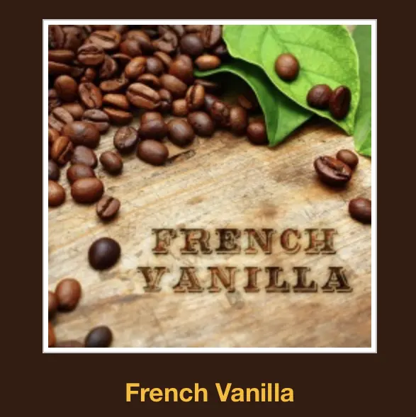 A wooden table topped with coffee beans and the words " french vanilla ".