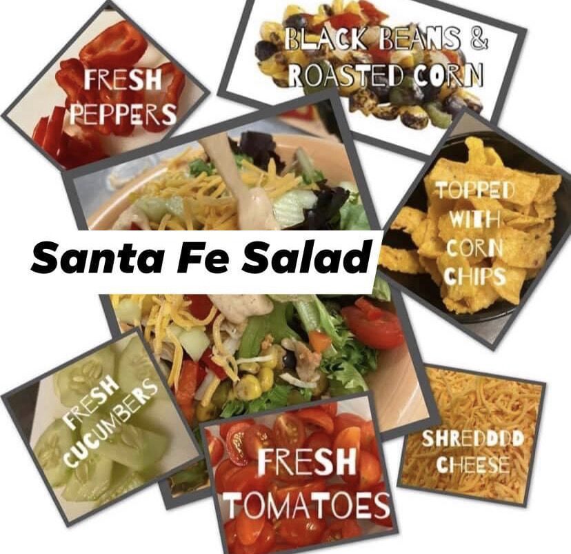 A collage of different types of food with the words " santa fe salad ".