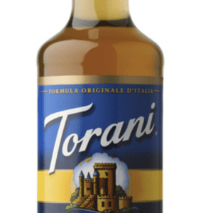 A bottle of torani syrup on a white background