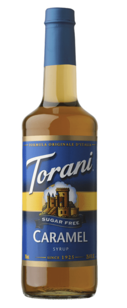 A bottle of torani syrup on a white background