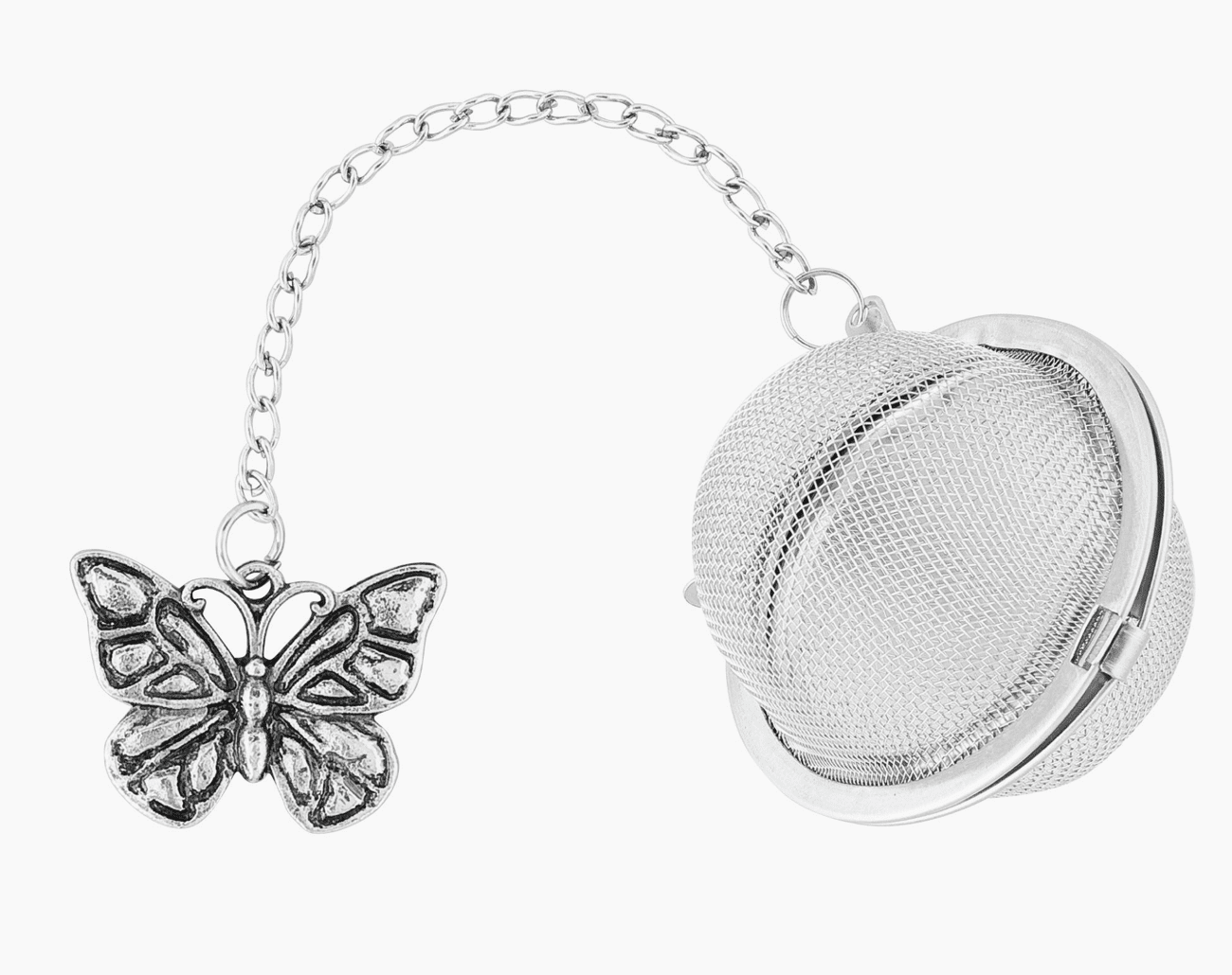 A tea infuser with a butterfly charm attached to it.