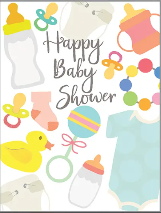 A baby shower card with various items on it.
