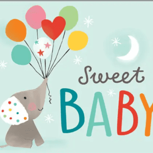 A baby elephant holding balloons in the sky.