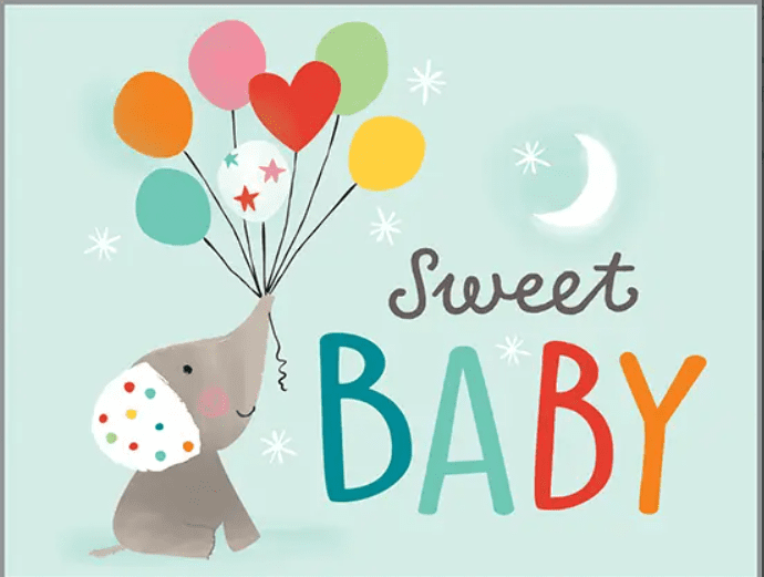 A baby elephant holding balloons in the sky.