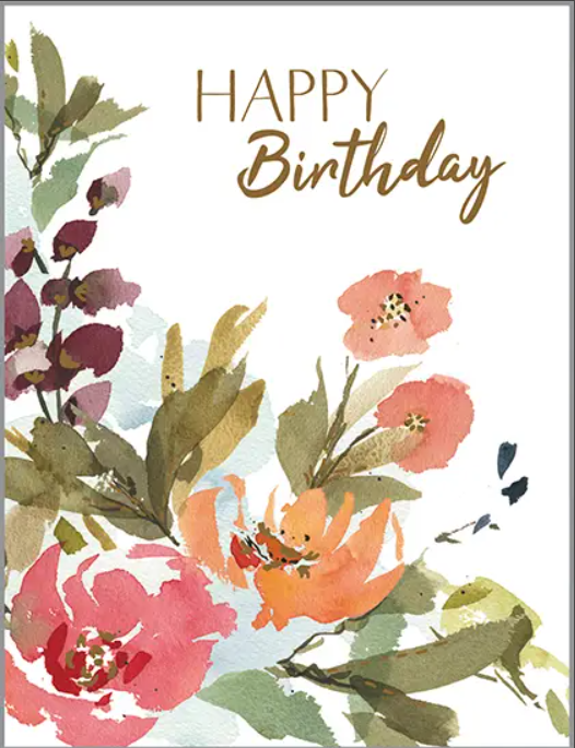 A birthday card with flowers and leaves