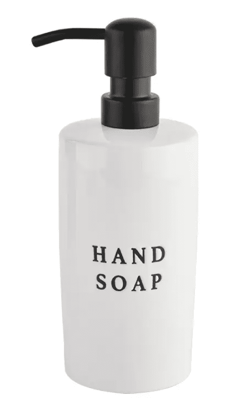 A white bottle with black lid and text " hand soap ".