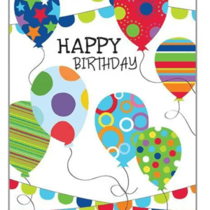 A birthday card with balloons and bunting