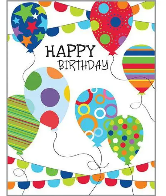 A birthday card with balloons and bunting
