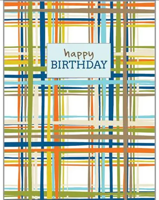 A birthday card with plaid design and the words happy birthday.