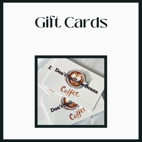 A white card with coffee and the words gift cards.