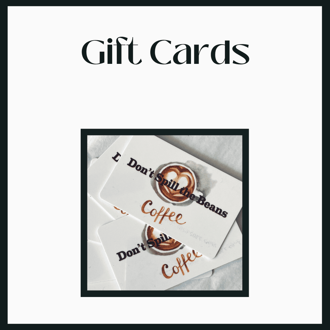 A white card with coffee and the words gift cards.