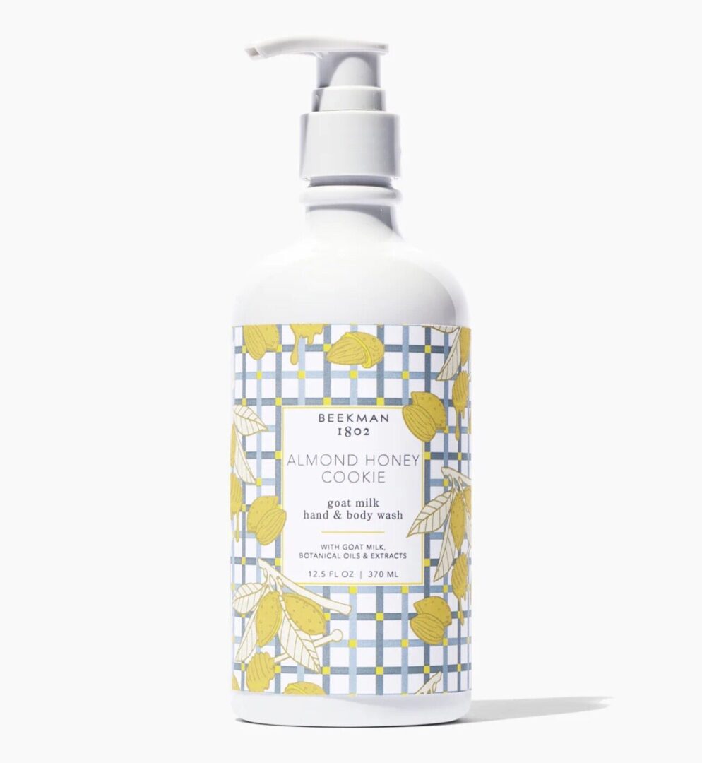 A bottle of hand lotion with a white label.