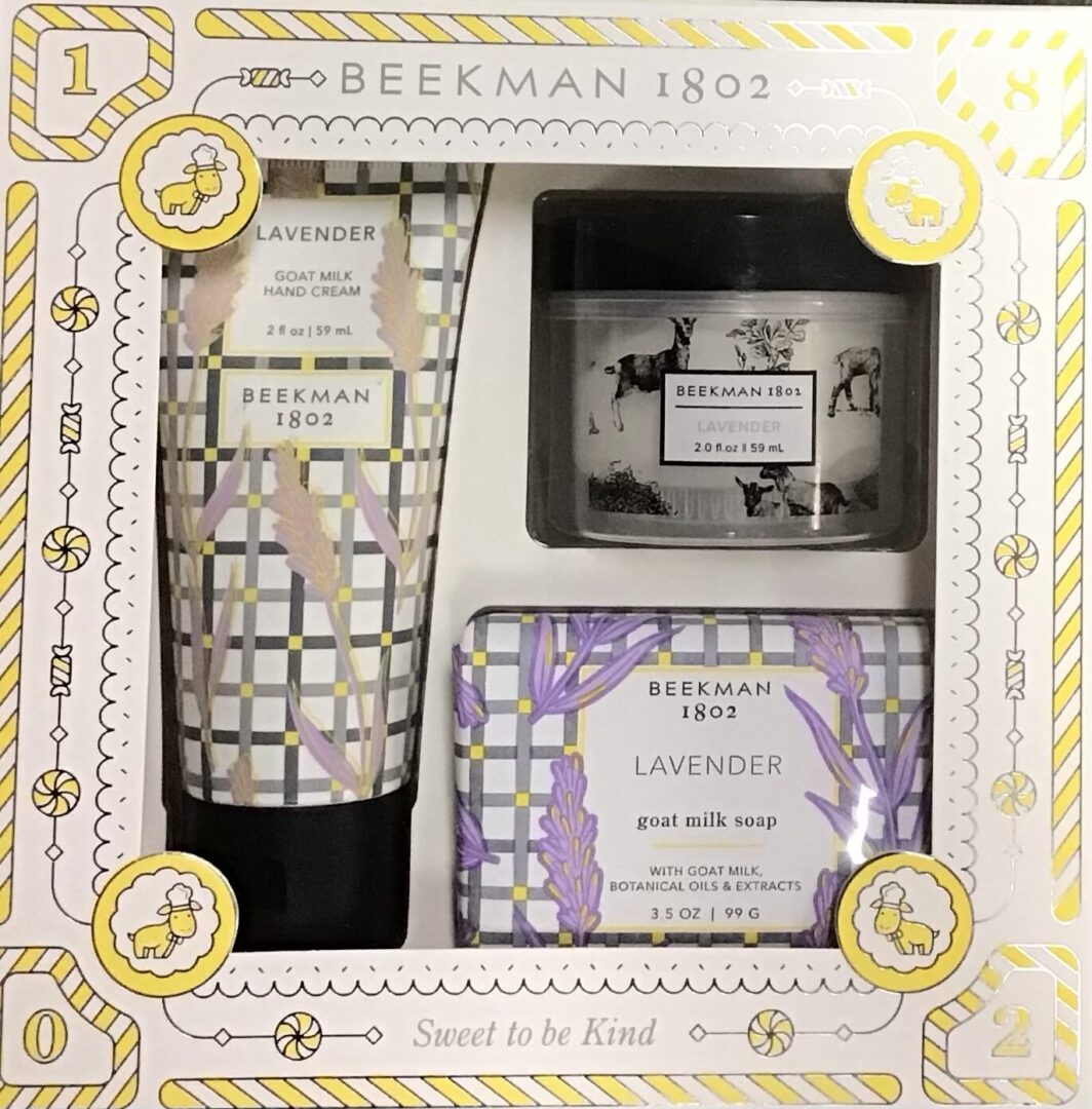 A gift set of lotion, soap and hand cream.