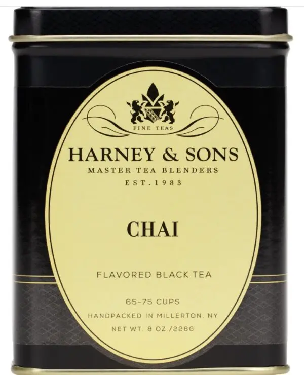 A tin of black tea with the label chai.