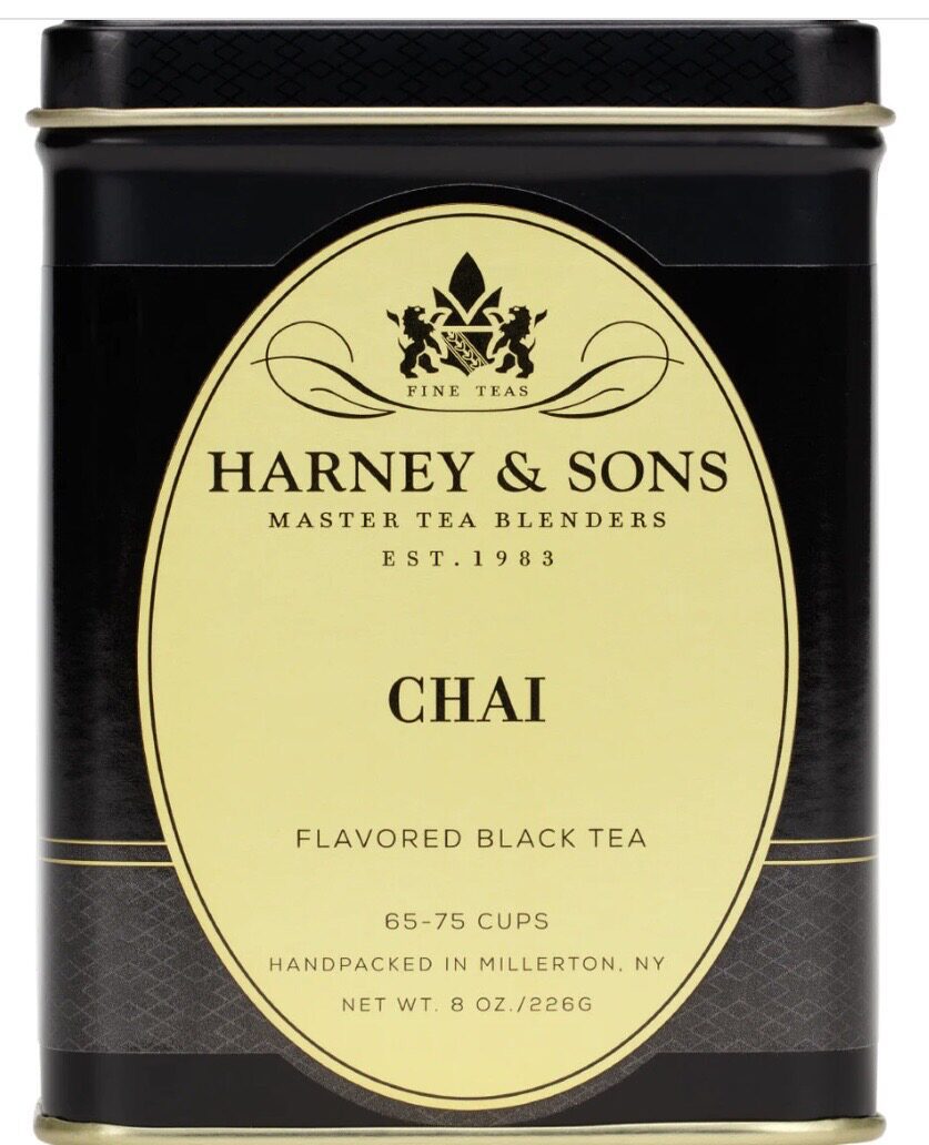 A tin of black tea with the label chai.