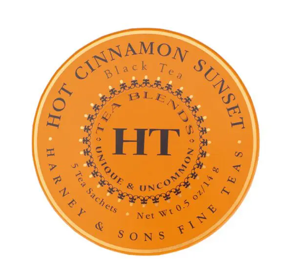 A close up of the label for hot cinnamon sunset