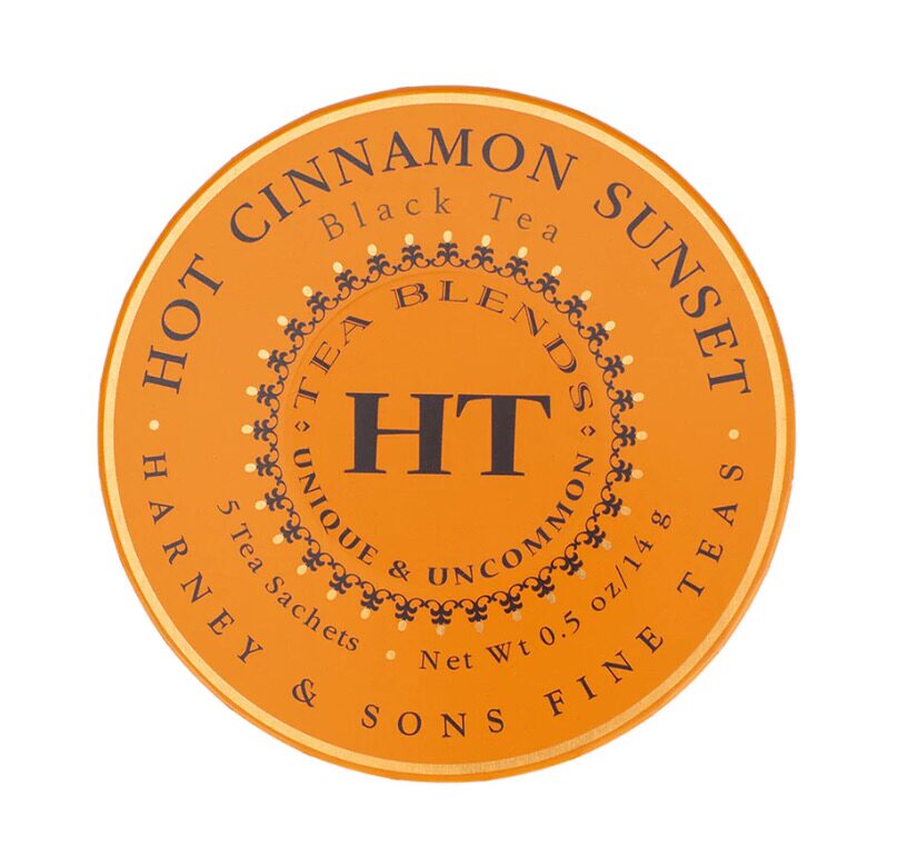 A close up of the label for hot cinnamon sunset