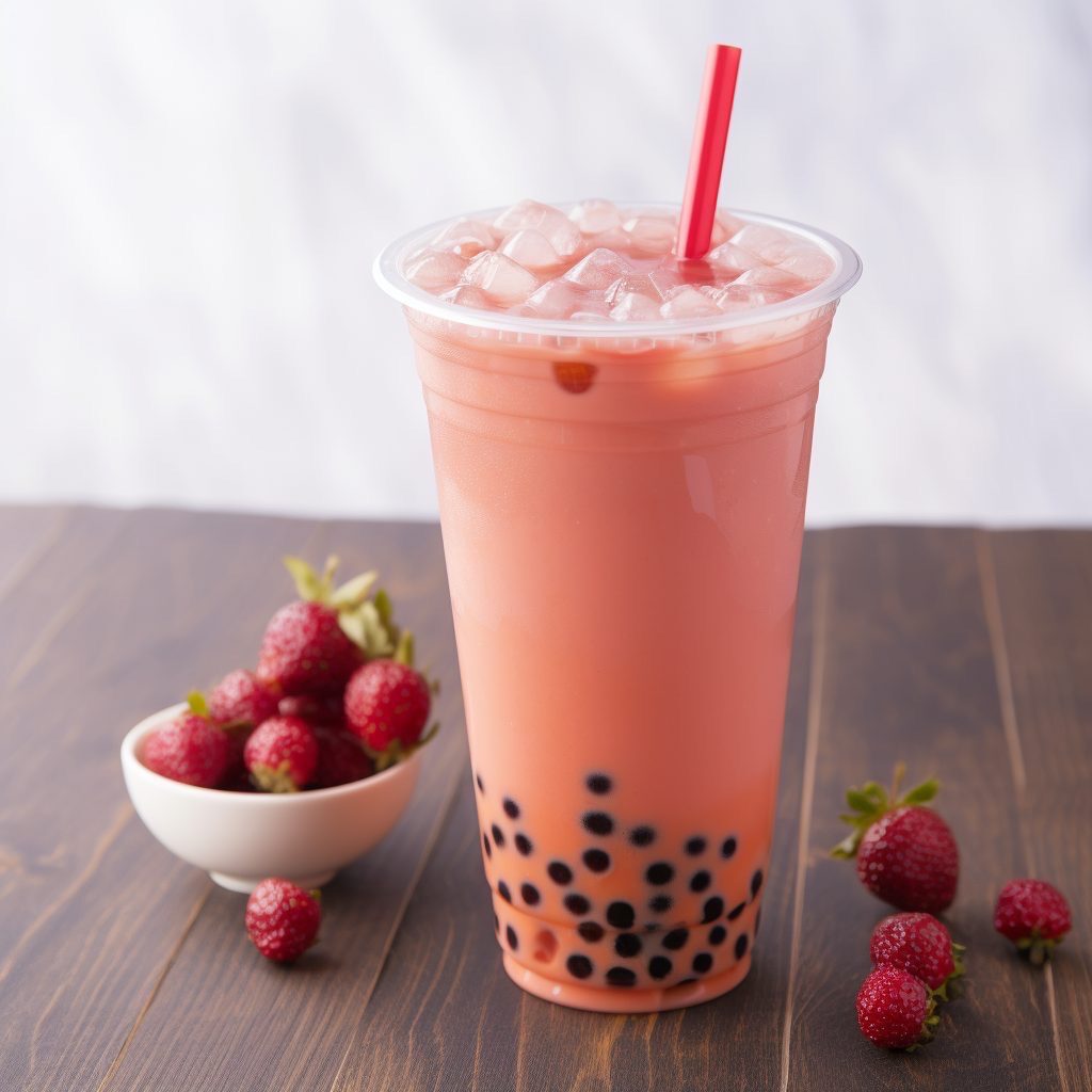 A cup of boba and strawberries on the table.