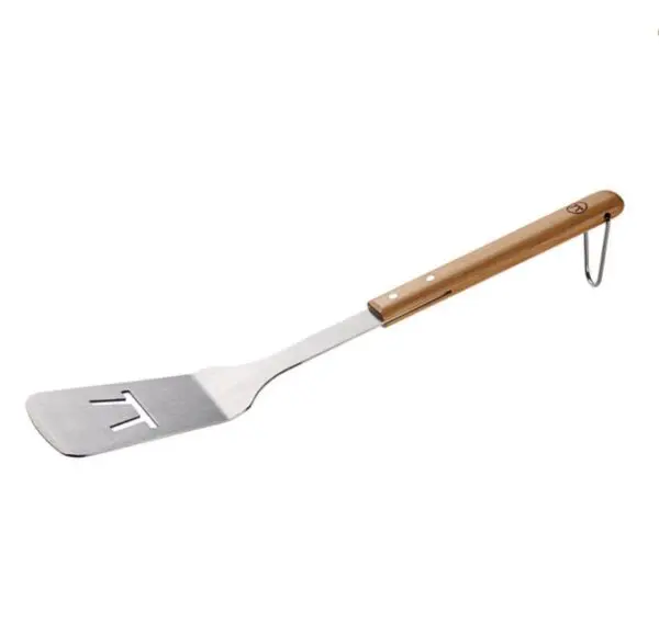 BBQ Spatula with a wooden handle, a hook for hanging, and a cut-out detail on the flat blade.