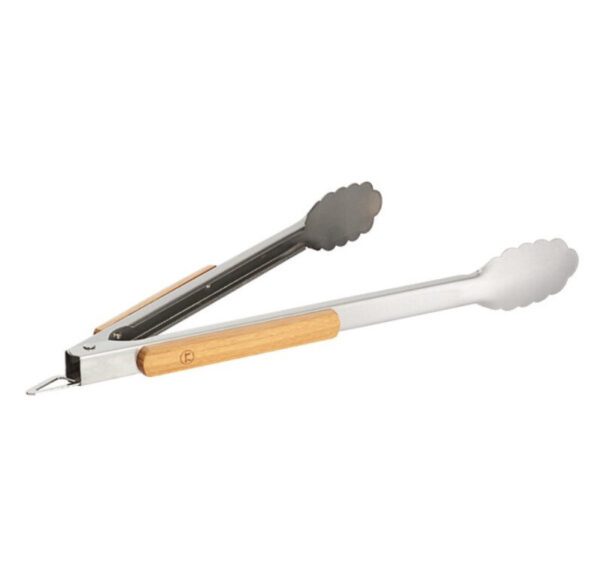 BBQ Tongs featuring metal construction with scalloped edges and wooden handle grips, displayed against a white background.