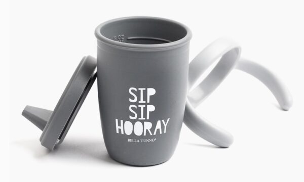 Sip Sip Hooray Sippy Cup featuring a gray color scheme, removable lid, and an attached handle.