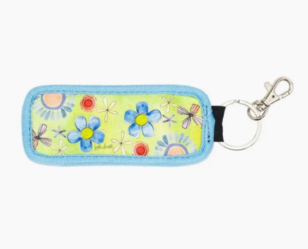 Be Happy Pocket Keychain: A rectangular design featuring a floral and dragonfly motif on a green background, bordered in blue, complete with a metal keyring and clasp.