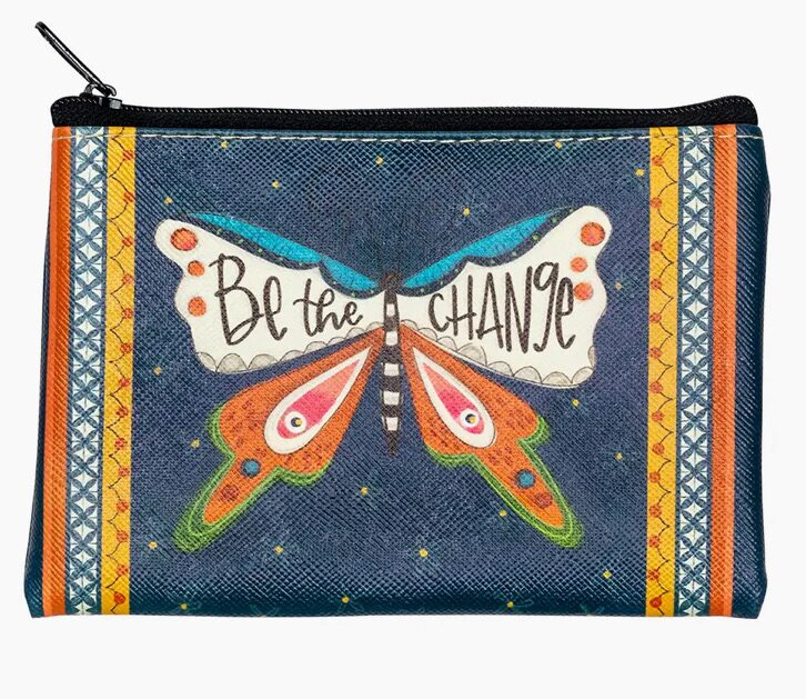 Colorful pouch with butterfly and motivational text.