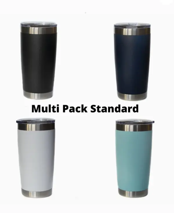 Four 20oz “Well Done Mom” Coffee Mugs in black, navy, white, and teal are displayed with the text "Multi Pack Standard" in the center.