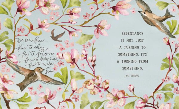 The Gracelaced Deluxe Edition - Hardcover features illustrated birds and flowers framing two quotes: one on freedom and forgiveness, and another by R.C. Sproul about repentance as a turning from something.