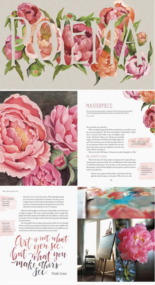 A collage showcasing watercolor peonies, inspirational art quotes, text about a masterpiece, and a painting on an easel features the word "Poema" prominently displayed in floral letters. This is part of the "Gracelaced - Hardcover" collection.