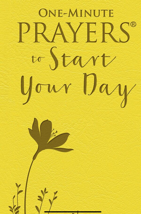 A yellow book cover with the words prayers to start your day.