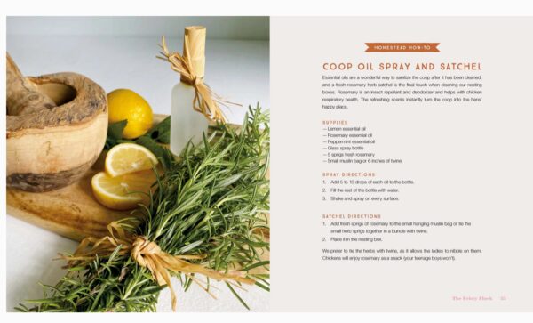 A wooden mortar with lemons, rosemary, and a bottle is placed beside the Grace-Filled Homestead guide for creating coop oil spray and sachets.