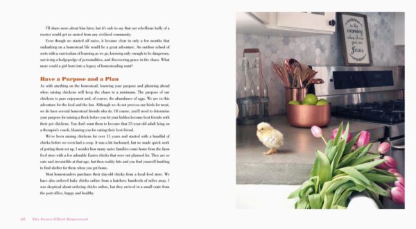 A kitchen counter featuring a gas stove, a vase of pink tulips, and a small chick standing next to a bowl of kitchen utensils from the Grace-Filled Homestead collection. Text is displayed on the left side of the image.