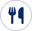 A blue and white icon of a fork, knife and spoon.