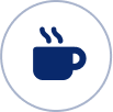 A blue coffee cup icon in the middle of a circle.