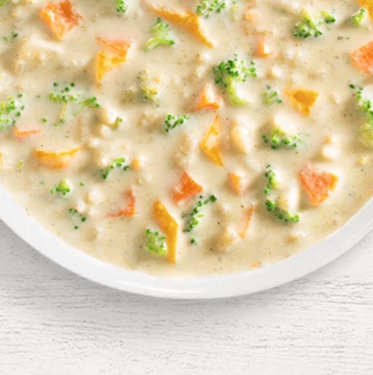 A bowl of creamy soup containing chunks of broccoli, carrots, and other vegetables.