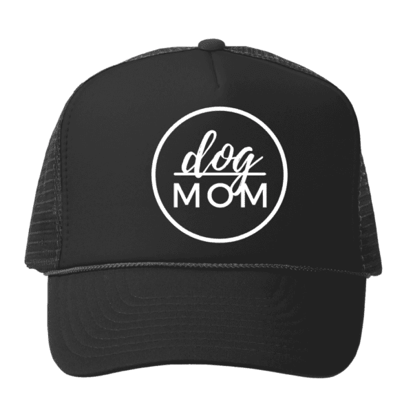 Black trucker hat with a mesh back, featuring the words "dog MOM" in white within a circular design on the front panel.