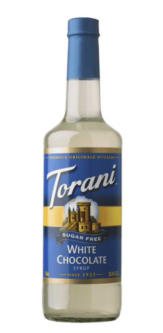 A bottle of Torani Sugar Free White Chocolate Syrup with a blue label and blue cap.