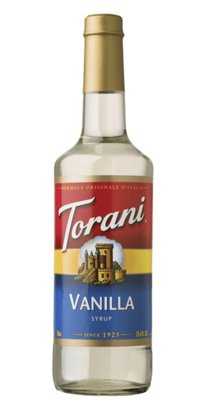 Bottle of Torani Vanilla Syrup with a gold cap, featuring a red, blue, and yellow label.