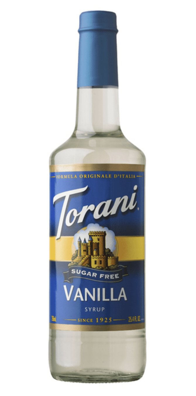 Bottle of Torani Sugar Free Vanilla Syrup with a blue and yellow label.