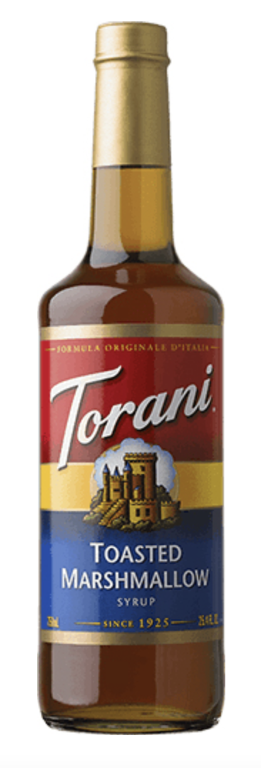 Bottle of Torani Toasted Marshmallow Syrup with a gold cap and label featuring a red, blue, and gold design.