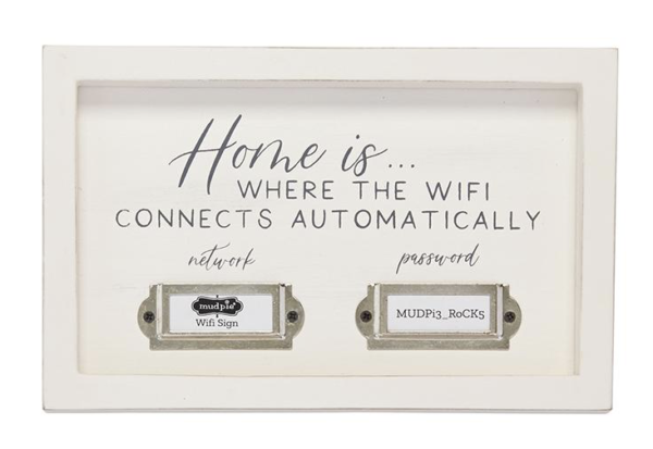 A decorative sign with the message "Home is where the WiFi connects automatically," displaying a network name and password.