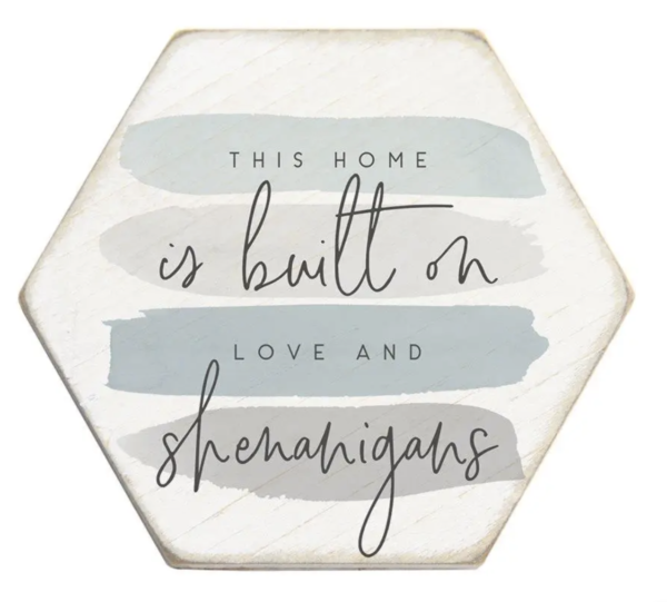 Hexagonal sign with painted strokes reads, "This home is built on love and shenanigans.