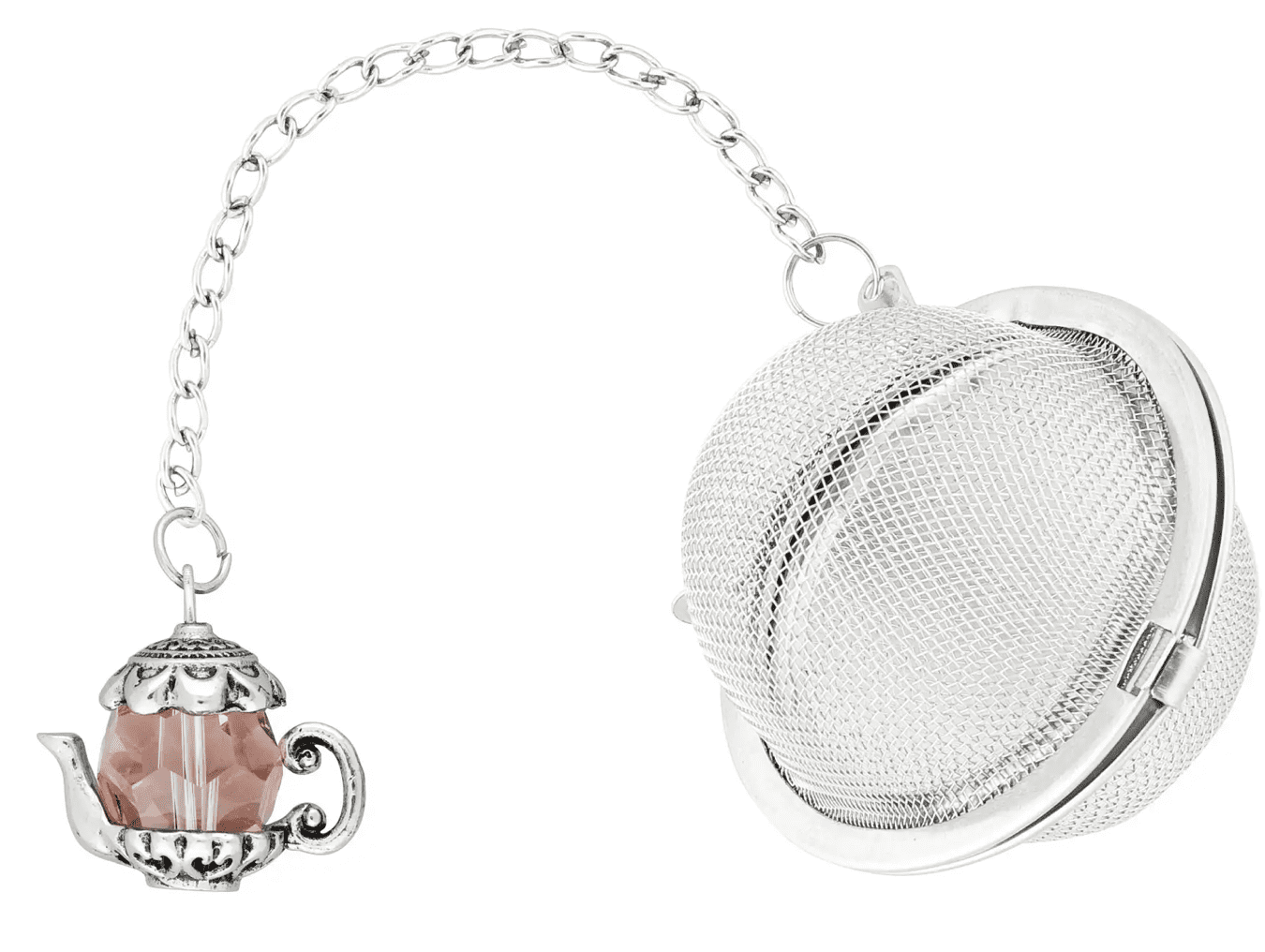 A silver mesh tea infuser with a chain attached to a decorative teapot charm featuring a pink gemstone.