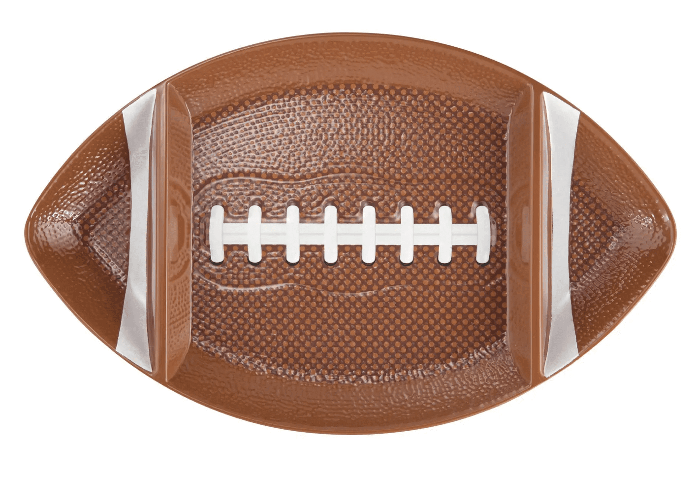 Brown football-shaped platter with textured surface, white laces, and silver accents.