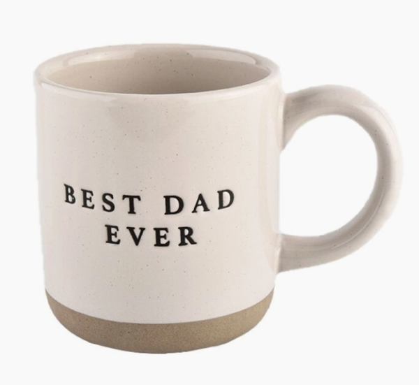 White ceramic mug with a beige base and black text that reads "BEST DAD EVER.
