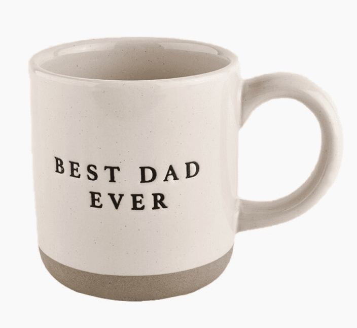 White ceramic mug with a beige base and black text that reads "BEST DAD EVER.