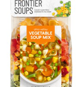 Package of Ohio Valley Vegetable Soup Mix by Frontier Soups, featuring dried vegetables and spices. The packaging indicates it's gluten-free and non-GMO, with no added salt.
