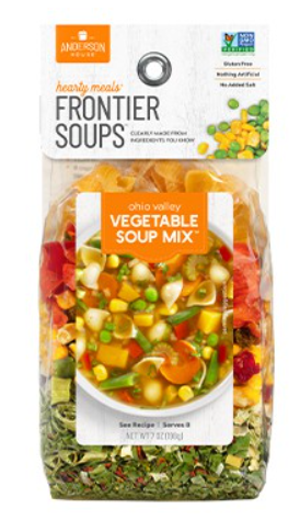 Package of Ohio Valley Vegetable Soup Mix by Frontier Soups, featuring dried vegetables and spices. The packaging indicates it's gluten-free and non-GMO, with no added salt.
